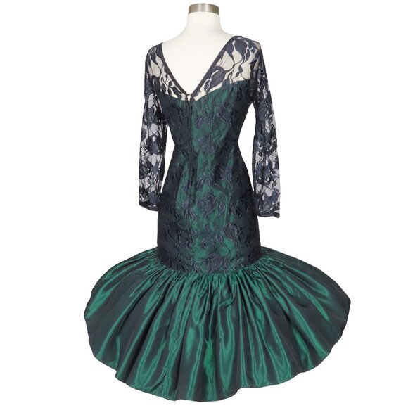 Vintage 80s Black Lace Green Long Sleeve Mermaid Full Skirt Prom Party Dress M - Picture 10 of 10